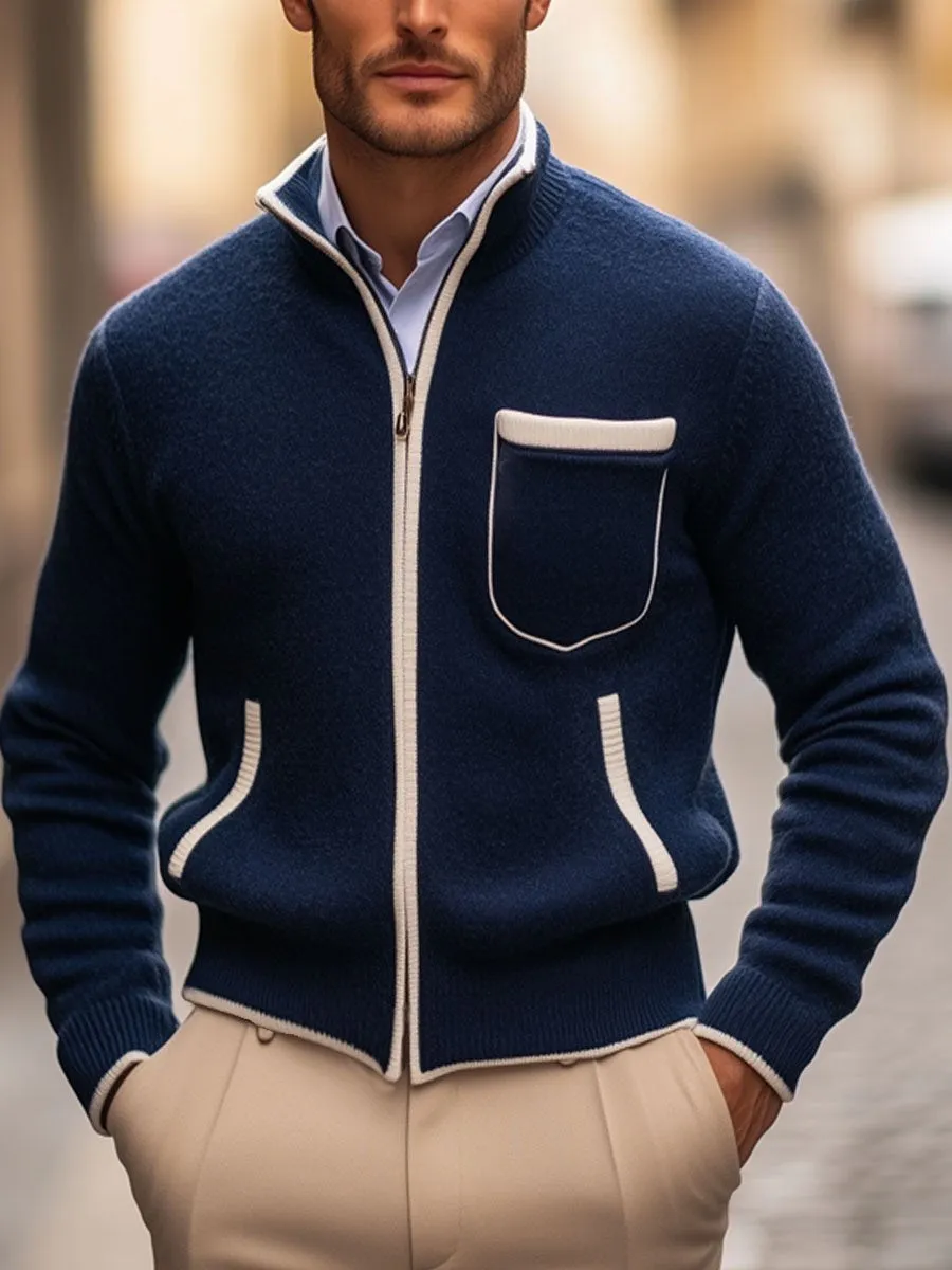 【24-hour shipping】Men's Stand Collar Contrast Zipper Pocket Knit Cardigan