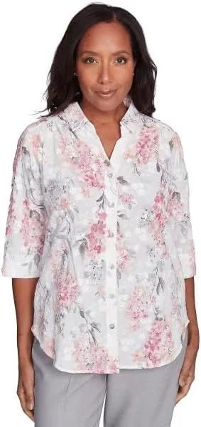 Alfred Dunner Estate of Mind Cotton Hydrengeas Eyelet Button Down Blouse