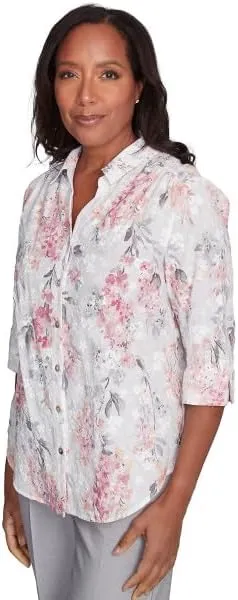 Alfred Dunner Estate of Mind Cotton Hydrengeas Eyelet Button Down Blouse