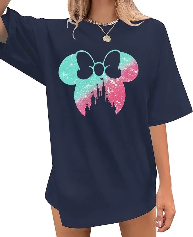 Bow Magic Kingdom Shirts for Women Colorful Pastel Bows Castle Graphic Tshirt Holiday Oversized Vacation Shirt
