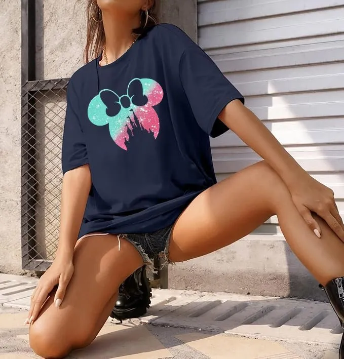 Bow Magic Kingdom Shirts for Women Colorful Pastel Bows Castle Graphic Tshirt Holiday Oversized Vacation Shirt