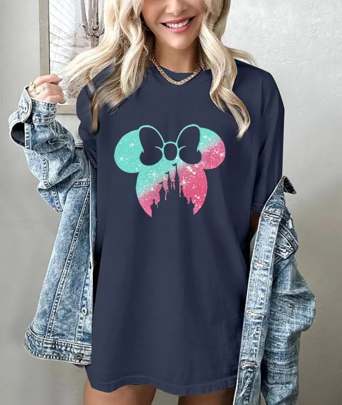 Bow Magic Kingdom Shirts for Women Colorful Pastel Bows Castle Graphic Tshirt Holiday Oversized Vacation Shirt