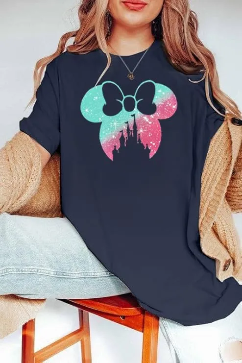 Bow Magic Kingdom Shirts for Women Colorful Pastel Bows Castle Graphic Tshirt Holiday Oversized Vacation Shirt