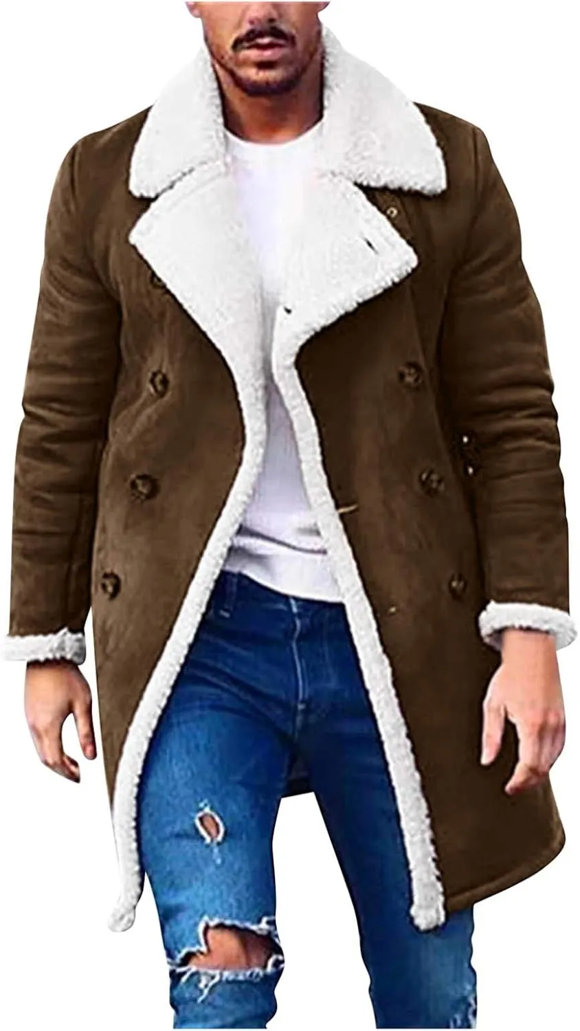 Burband Mens Casual Sherpa Fleece Lined Jackets Winter Warm Fur Collar Long Trench Coats Big and Tall Outwears