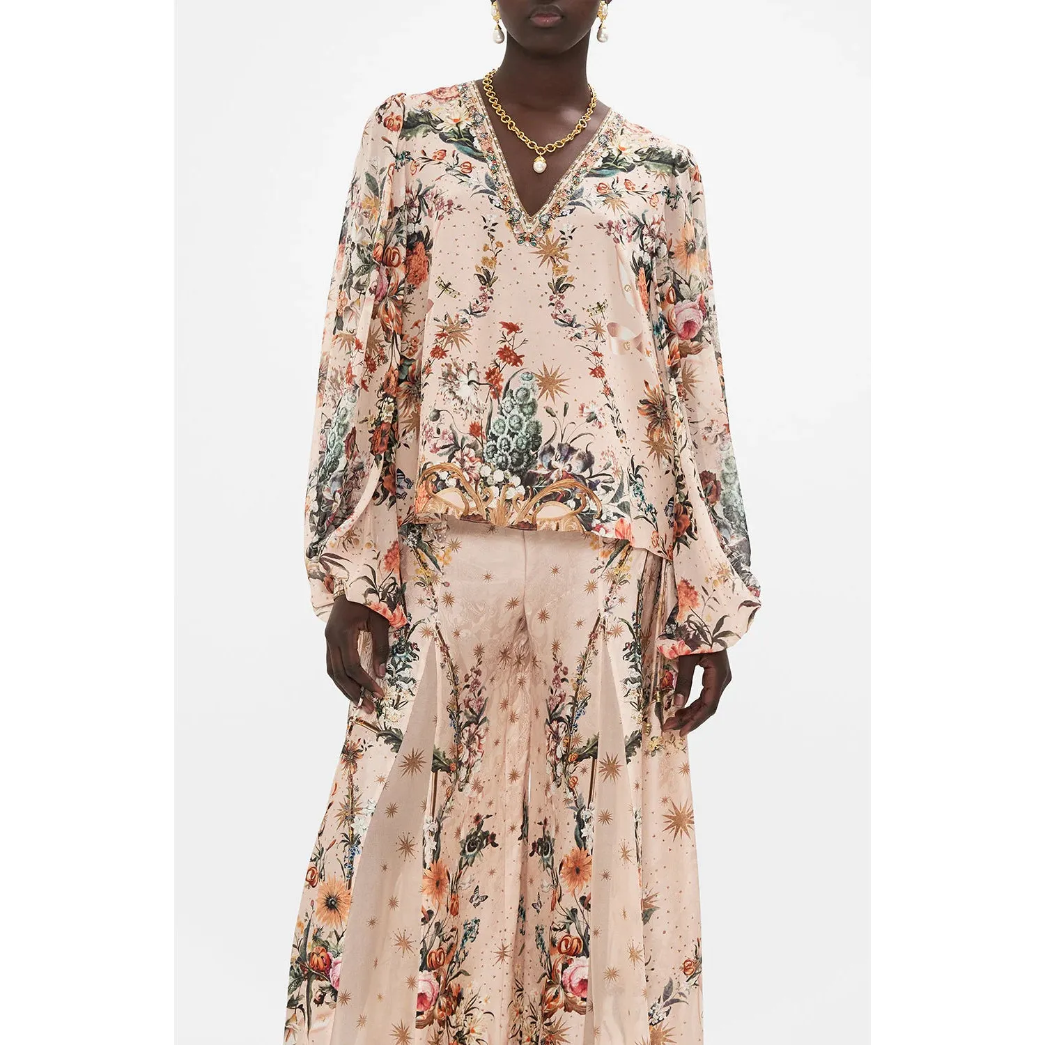 Camilla- V-Neck Blouson Sleeve Blouse