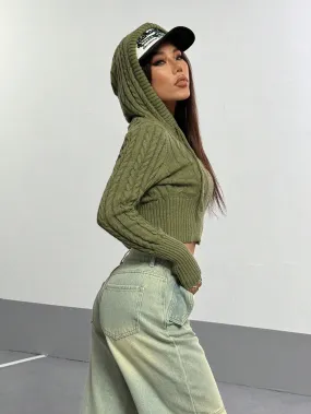 Casual Versatile Olive Green Hooded Cardigan