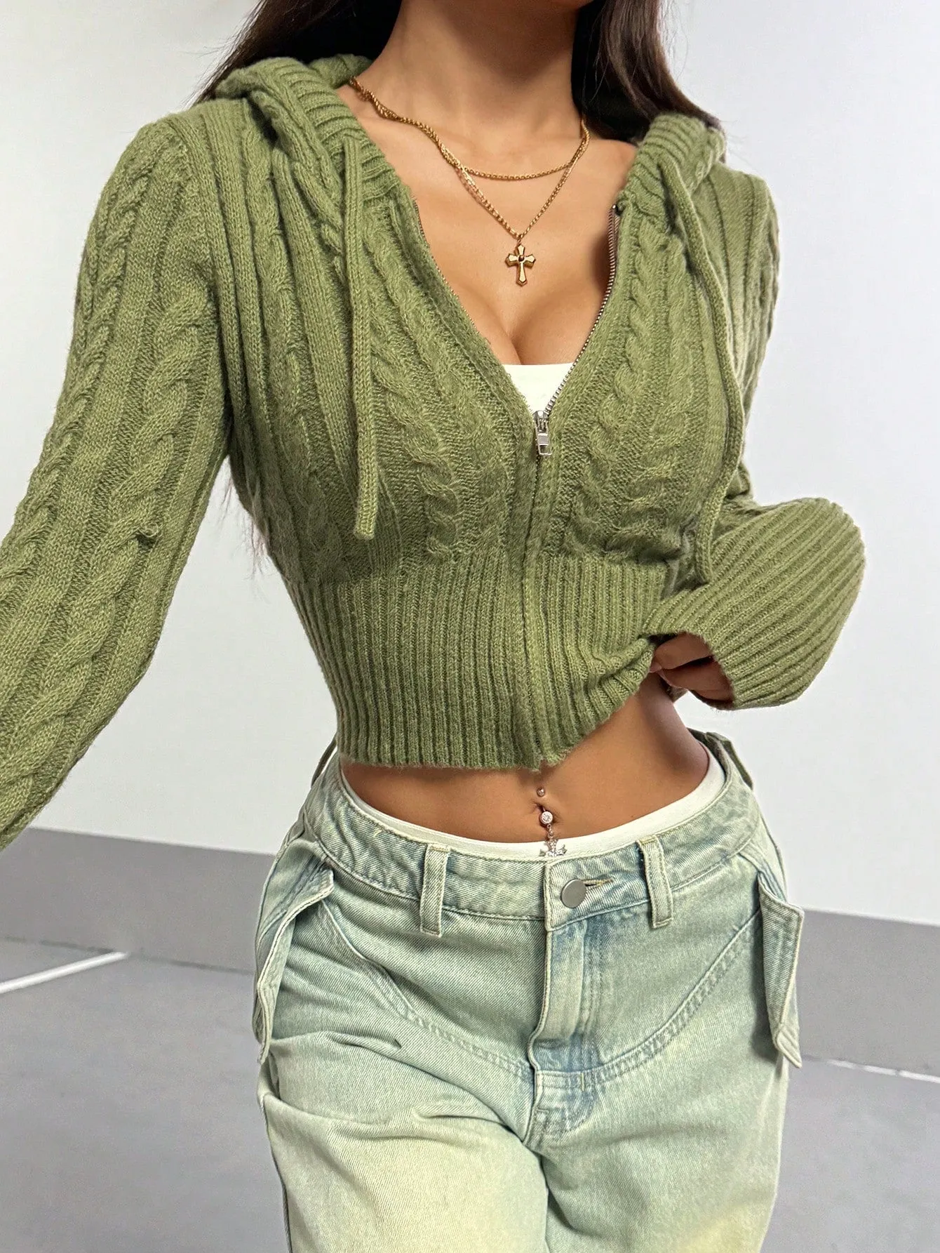 Casual Versatile Olive Green Hooded Cardigan