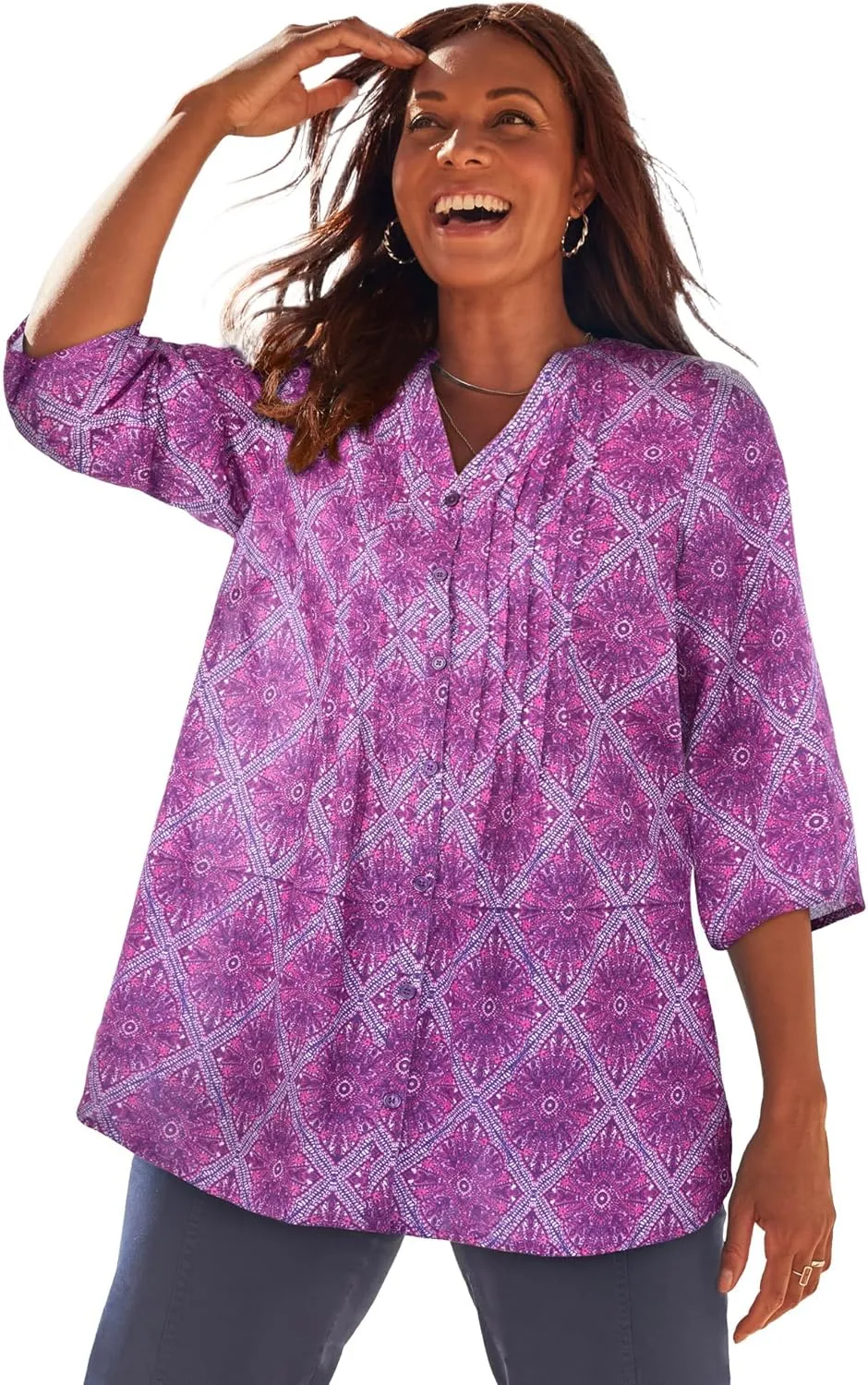 Catherines Women's Plus Size Petite Pintuck Buttonfront Blouse