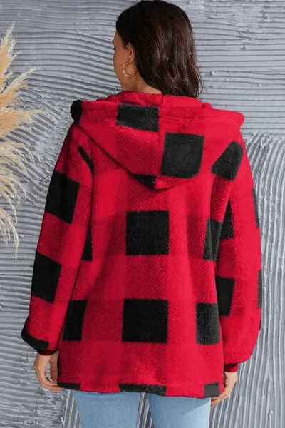 Chic Plaid Long Sleeve Hooded Coat