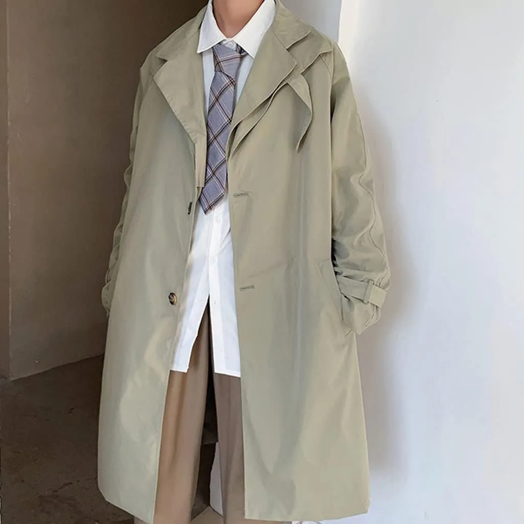 CSCDD Trench Men Single Breasted Long Coats Solid Oversize Turn-Down Collar Casual All-Match Chic Outwear(D,XL Code)
