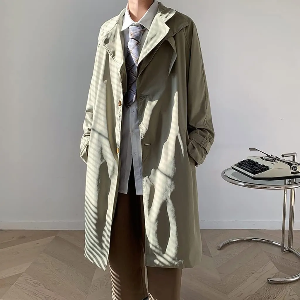 CSCDD Trench Men Single Breasted Long Coats Solid Oversize Turn-Down Collar Casual All-Match Chic Outwear(D,XL Code)