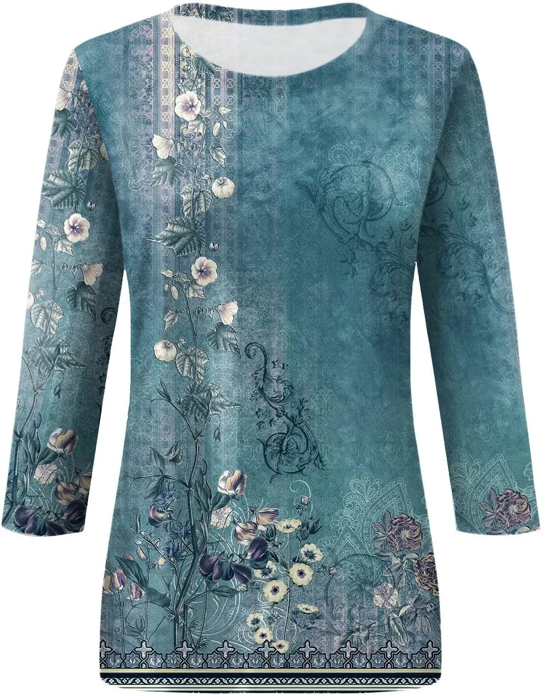 Floral Bee Print Women 3/4 Length Sleeve Tops Shirt Casual Loose T Shirts 2025 Spring Tops for Women