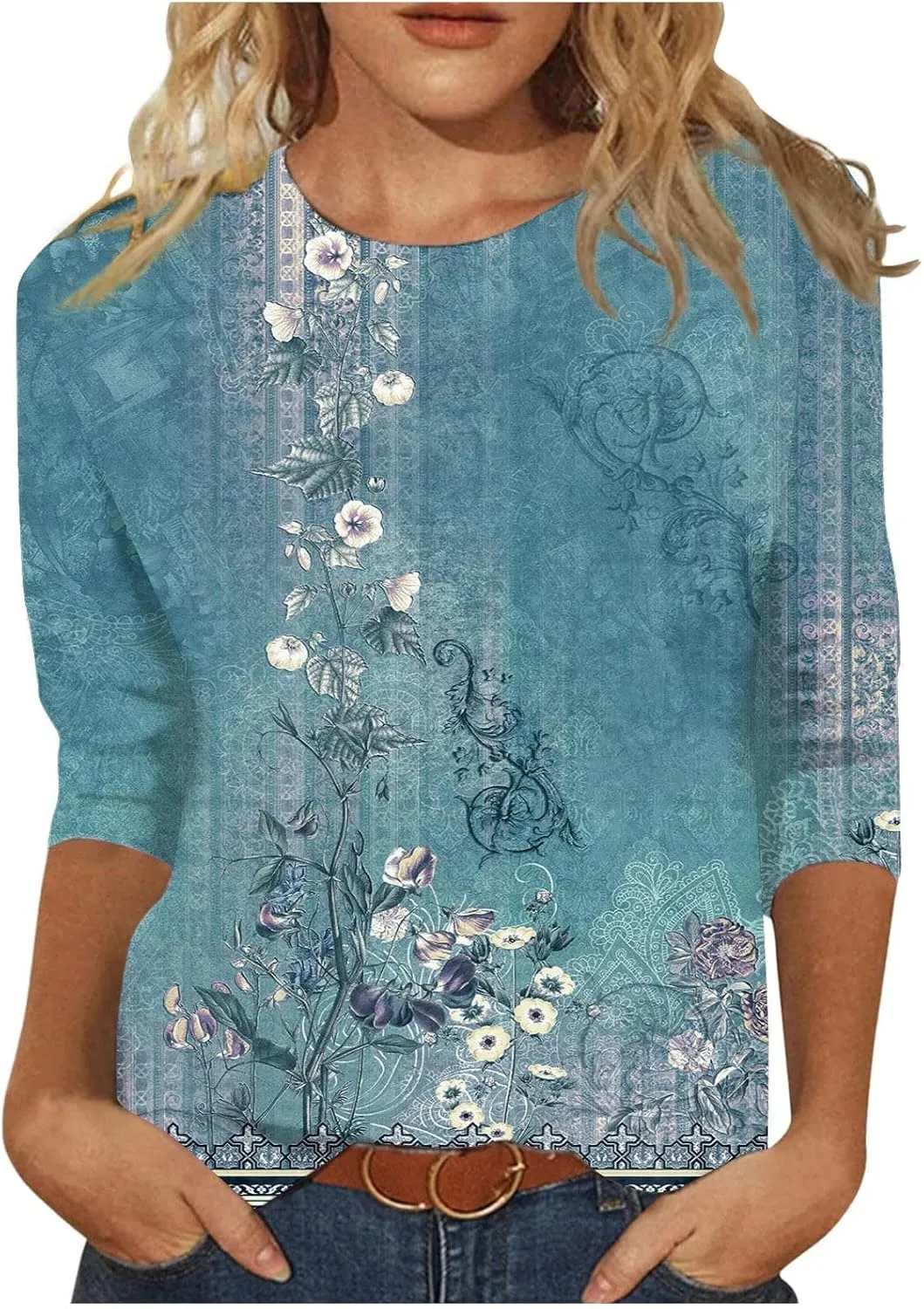 Floral Bee Print Women 3/4 Length Sleeve Tops Shirt Casual Loose T Shirts 2025 Spring Tops for Women