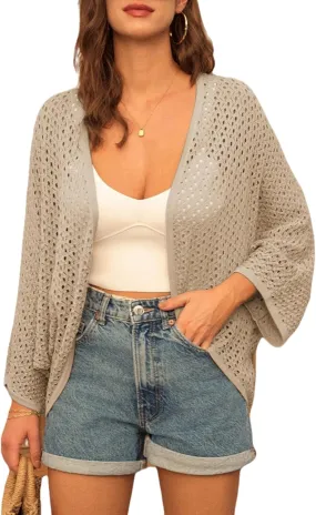 GRACE KARIN Open Front 3/4 Sleeve Batwing Cardigan for Women Lightweight Crochet Summer Cardigan Hollow-Out Cover Ups