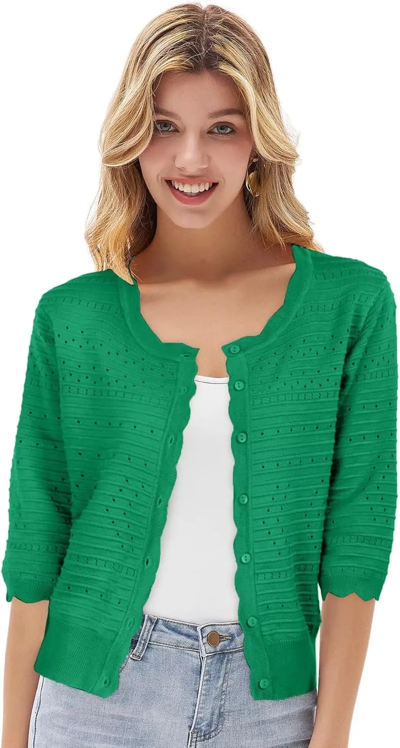 GRACE KARIN Women's 3/4 Short Sleeve Cropped Cardigan Lightweight Button up Crochet Knit Sweater Shrug for Summer Spring