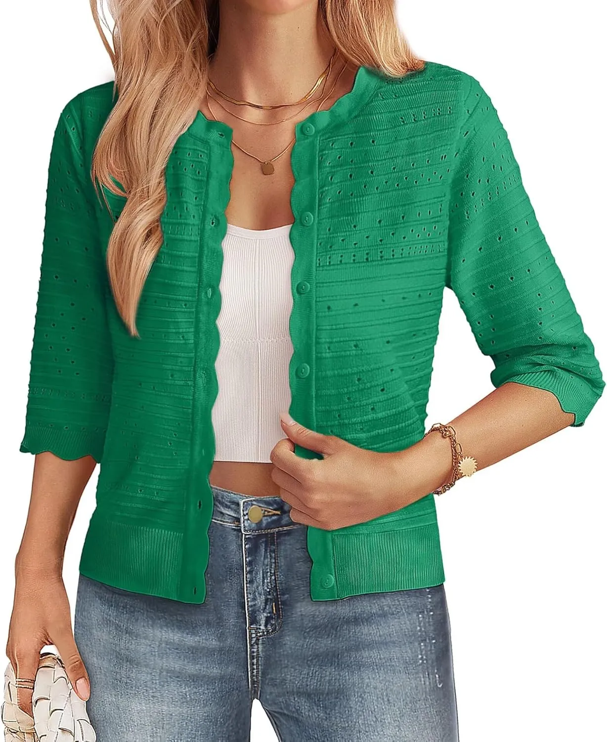 GRACE KARIN Women's 3/4 Short Sleeve Cropped Cardigan Lightweight Button up Crochet Knit Sweater Shrug for Summer Spring