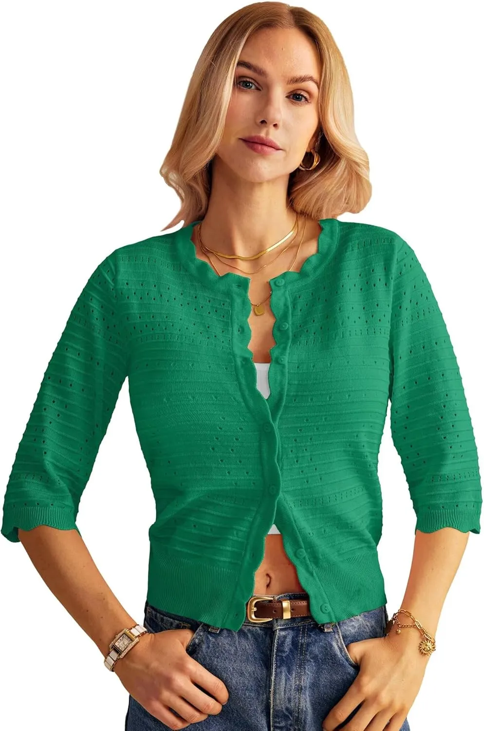 GRACE KARIN Women's 3/4 Short Sleeve Cropped Cardigan Lightweight Button up Crochet Knit Sweater Shrug for Summer Spring