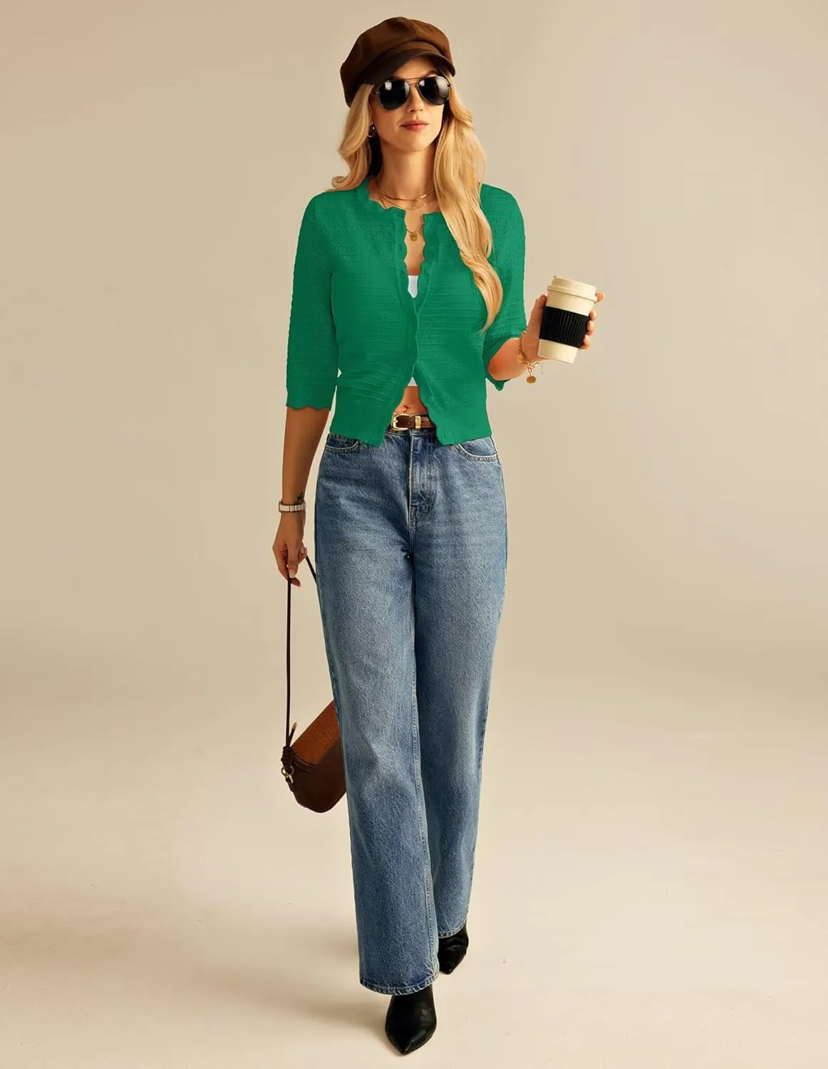 GRACE KARIN Women's 3/4 Short Sleeve Cropped Cardigan Lightweight Button up Crochet Knit Sweater Shrug for Summer Spring