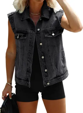 Imily Bela Womens Denim Vest Classic Button Down Sleeveless Jean Jackets Cropped Distressed Vest