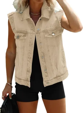 Imily Bela Womens Denim Vest Classic Button Down Sleeveless Jean Jackets Cropped Distressed Vest
