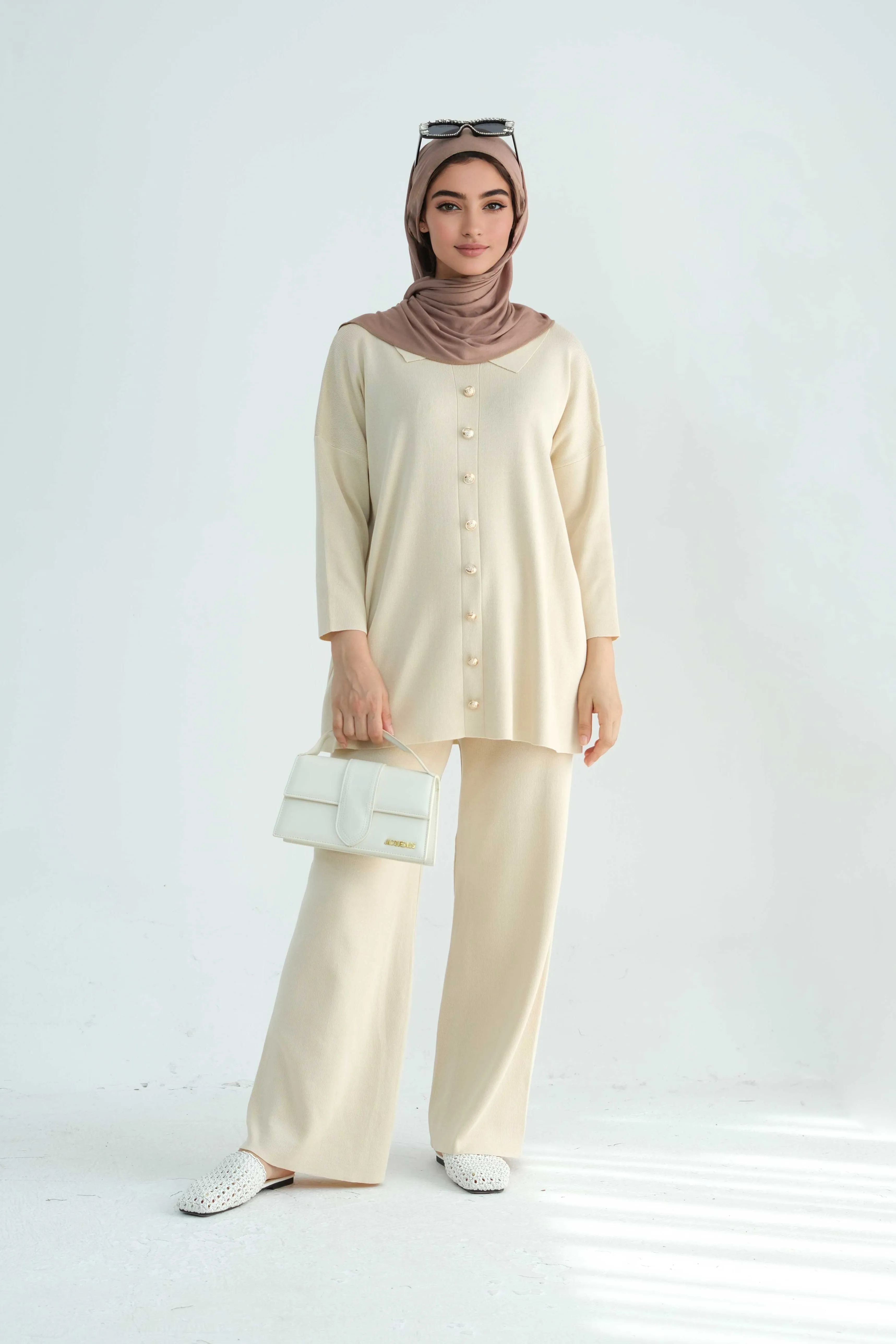 Inas Minimalist Buttoned Abaya Top and Pants Set 869 - Beige