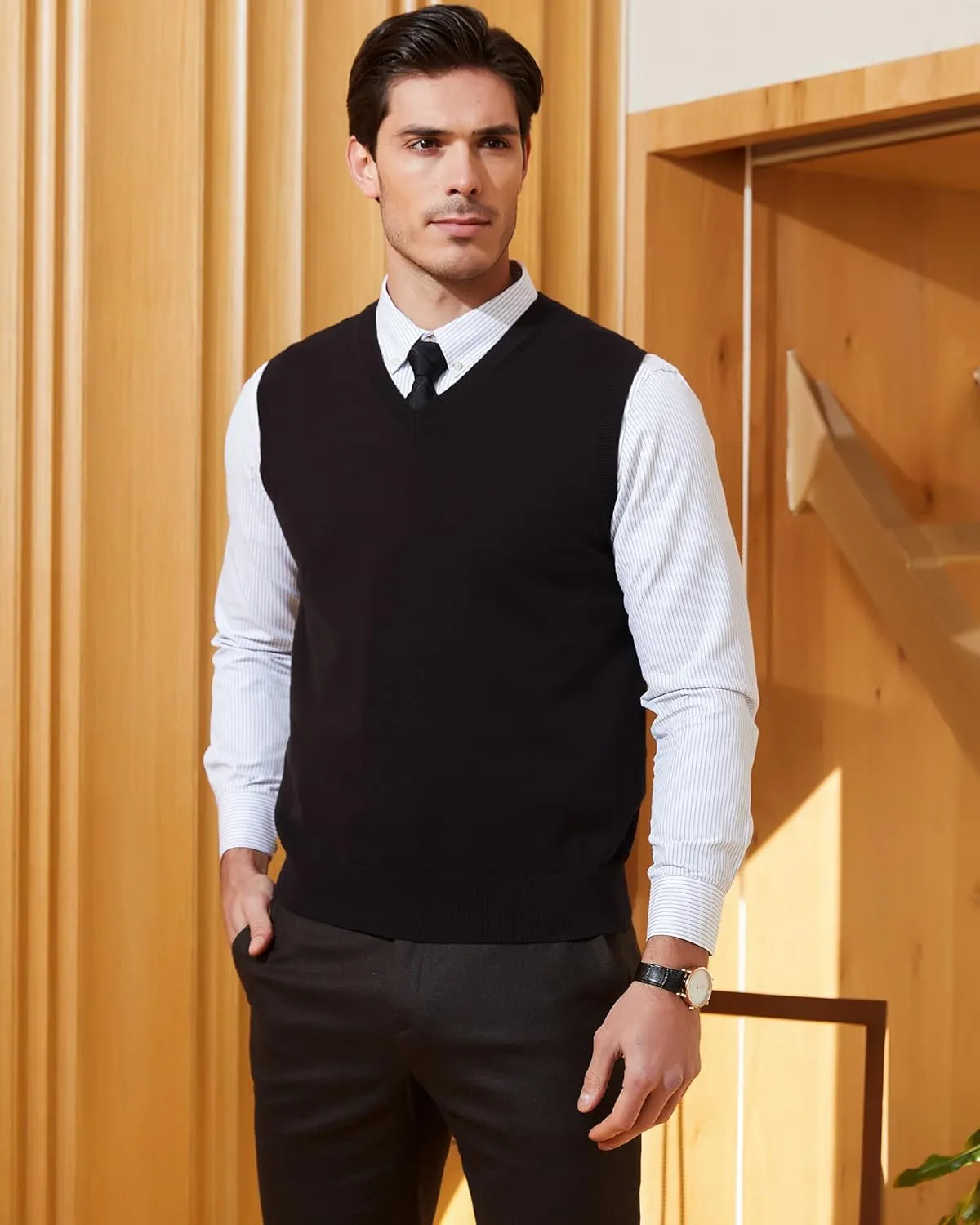 Kallspin Men's Pure Cotton Sweater Vest V Neck Regular Fit Knit Sleeveless Pullover Sweater