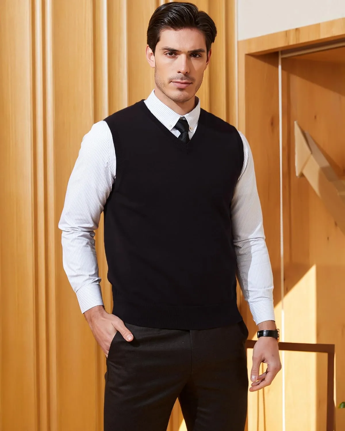 Kallspin Men's Pure Cotton Sweater Vest V Neck Regular Fit Knit Sleeveless Pullover Sweater
