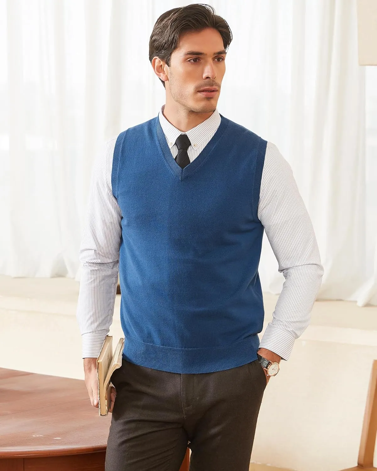 Kallspin Men's Pure Cotton Sweater Vest V Neck Regular Fit Knit Sleeveless Pullover Sweater