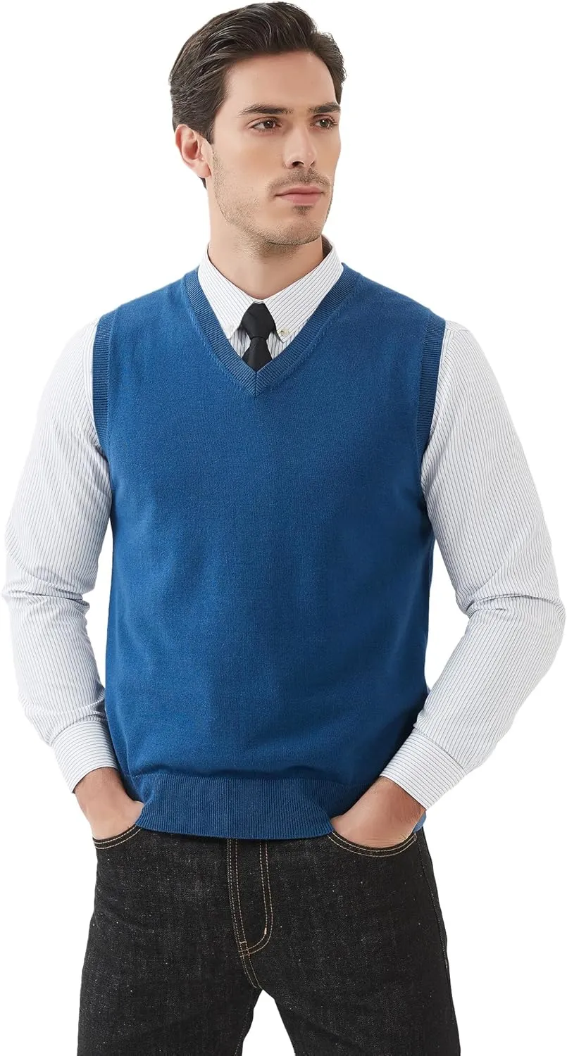 Kallspin Men's Pure Cotton Sweater Vest V Neck Regular Fit Knit Sleeveless Pullover Sweater