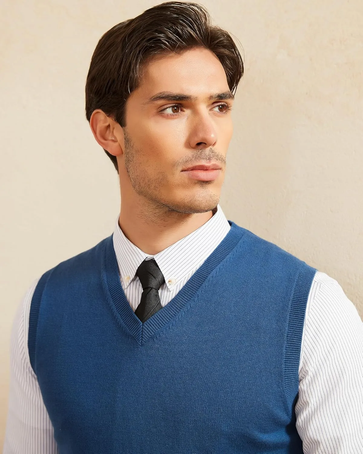 Kallspin Men's Pure Cotton Sweater Vest V Neck Regular Fit Knit Sleeveless Pullover Sweater