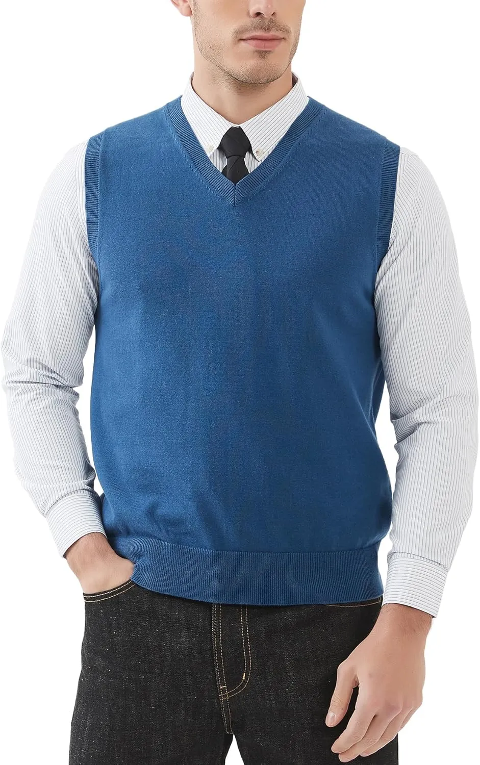 Kallspin Men's Pure Cotton Sweater Vest V Neck Regular Fit Knit Sleeveless Pullover Sweater