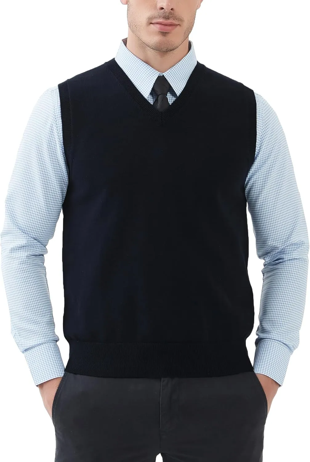 Kallspin Men's Pure Cotton Sweater Vest V Neck Regular Fit Knit Sleeveless Pullover Sweater