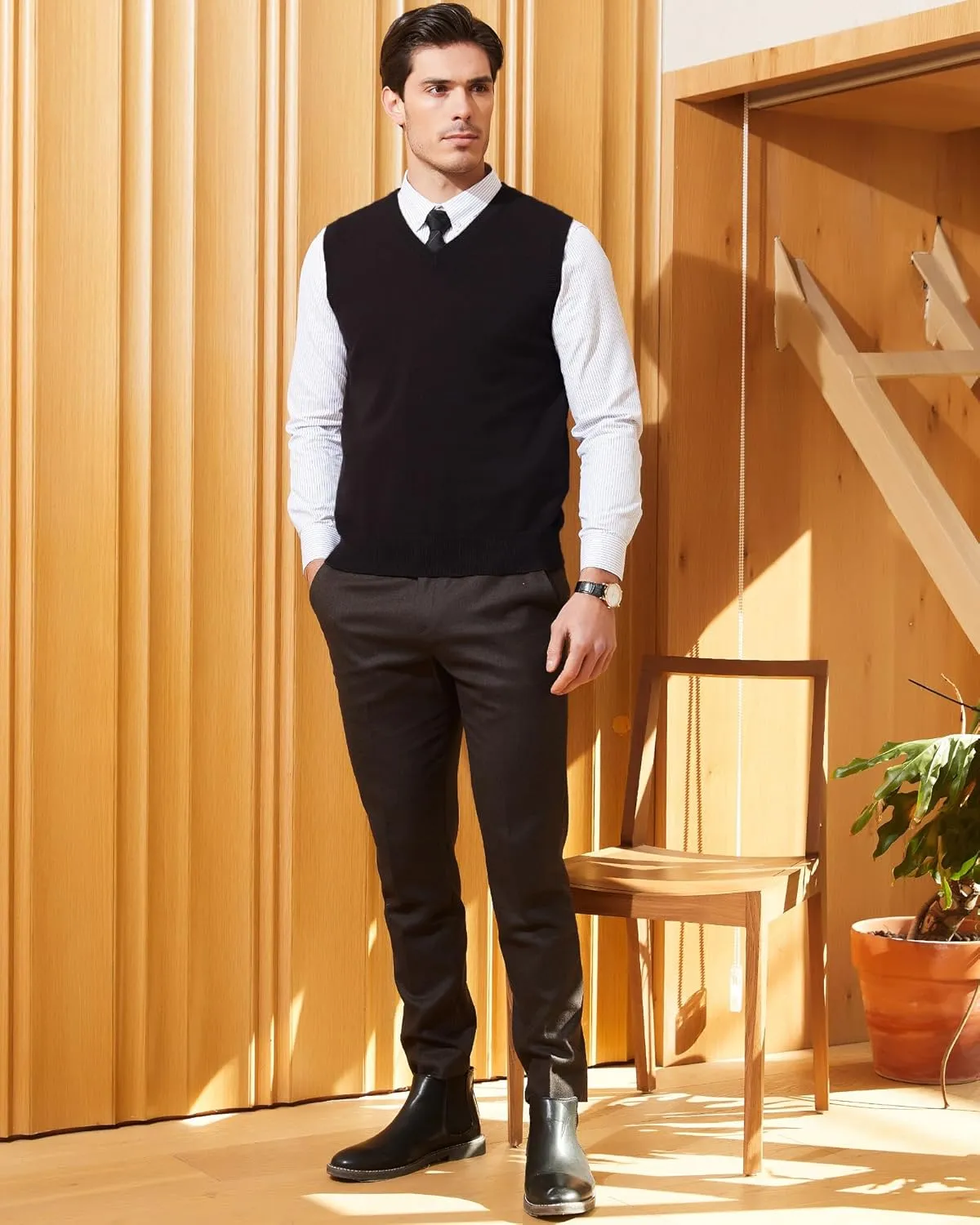 Kallspin Men's Pure Cotton Sweater Vest V Neck Regular Fit Knit Sleeveless Pullover Sweater