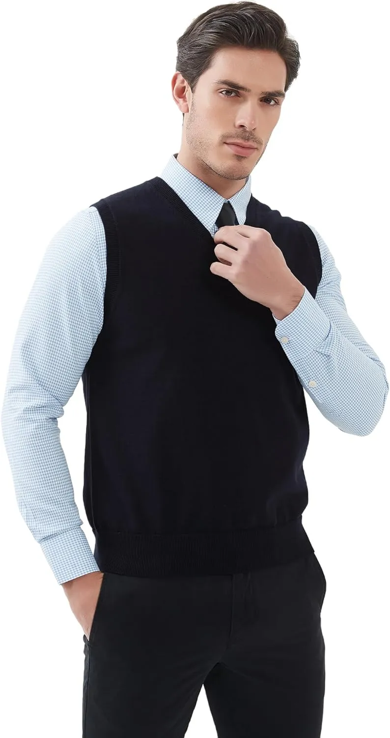 Kallspin Men's Pure Cotton Sweater Vest V Neck Regular Fit Knit Sleeveless Pullover Sweater