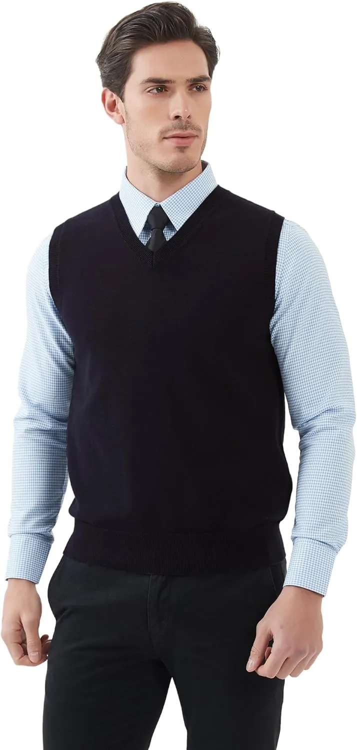 Kallspin Men's Pure Cotton Sweater Vest V Neck Regular Fit Knit Sleeveless Pullover Sweater