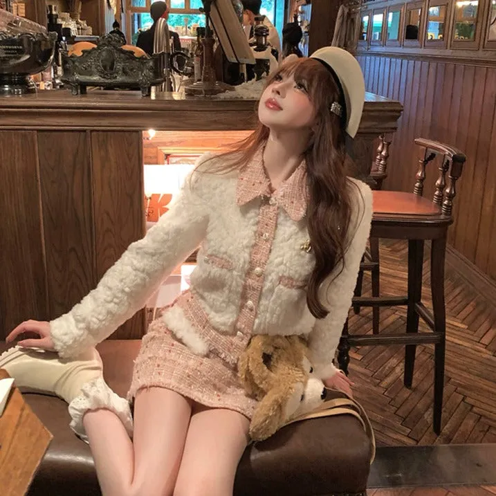 Lazy Girl Winter Elegant Lady Chic Plush White Jacket & Pink Tweed Skirt Two Piece Set
