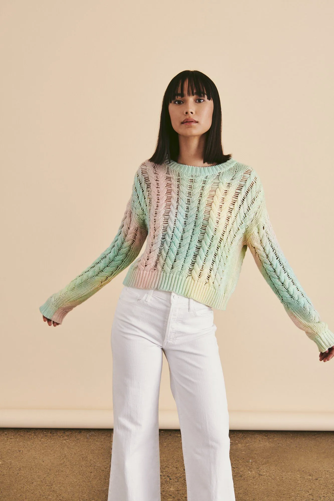 Line Kala Crew Neck Cotton Cable Knit Sweater- Moodstone