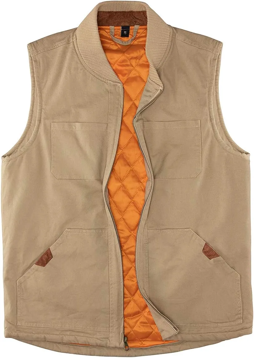 Lisskolo Men's Quilted Lined Vest Washed Canvas Winter Warm Outdoor Hunting Work Utility Travel Vest Jacket