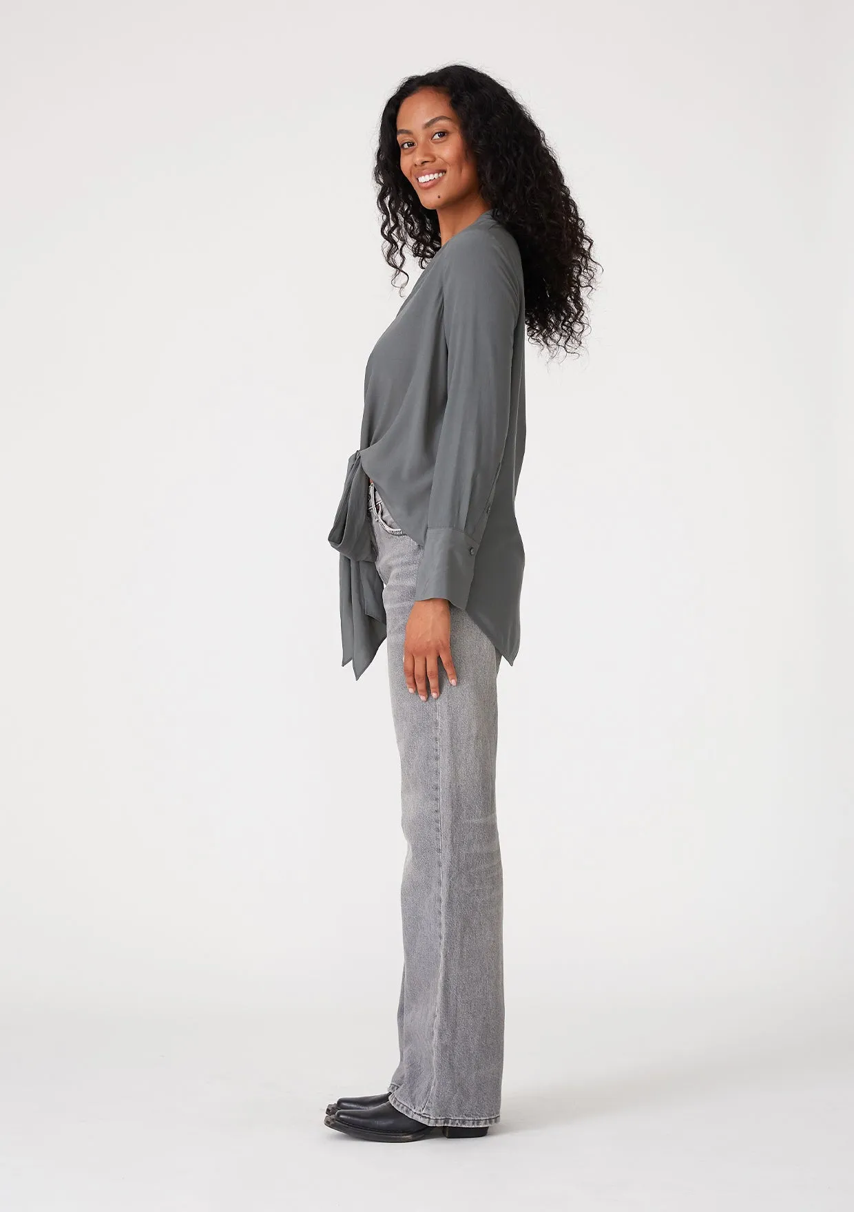 Long Sleeve V-Neck High Low Tie Front Blouse