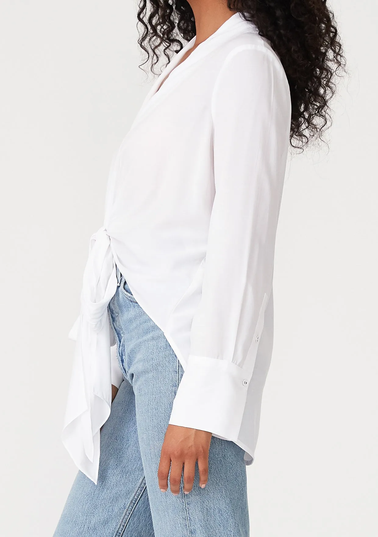 Long Sleeve V-Neck High Low Tie Front Blouse