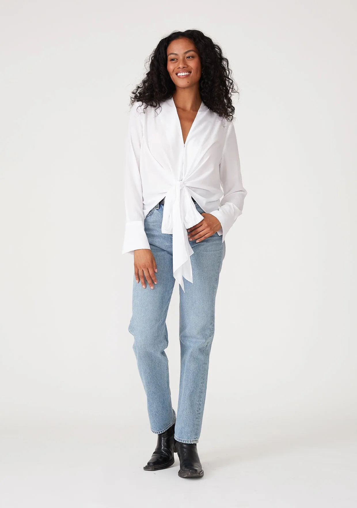 Long Sleeve V-Neck High Low Tie Front Blouse