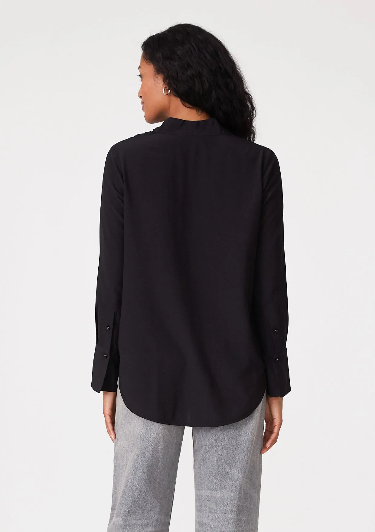 Long Sleeve V-Neck High Low Tie Front Blouse