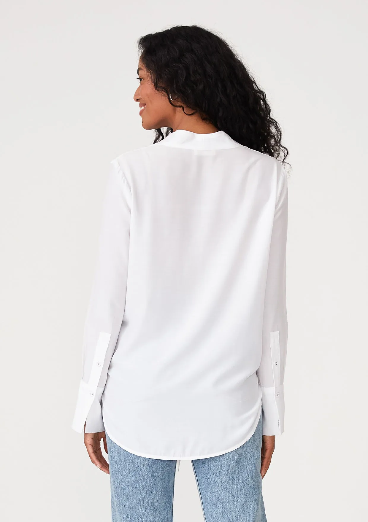 Long Sleeve V-Neck High Low Tie Front Blouse
