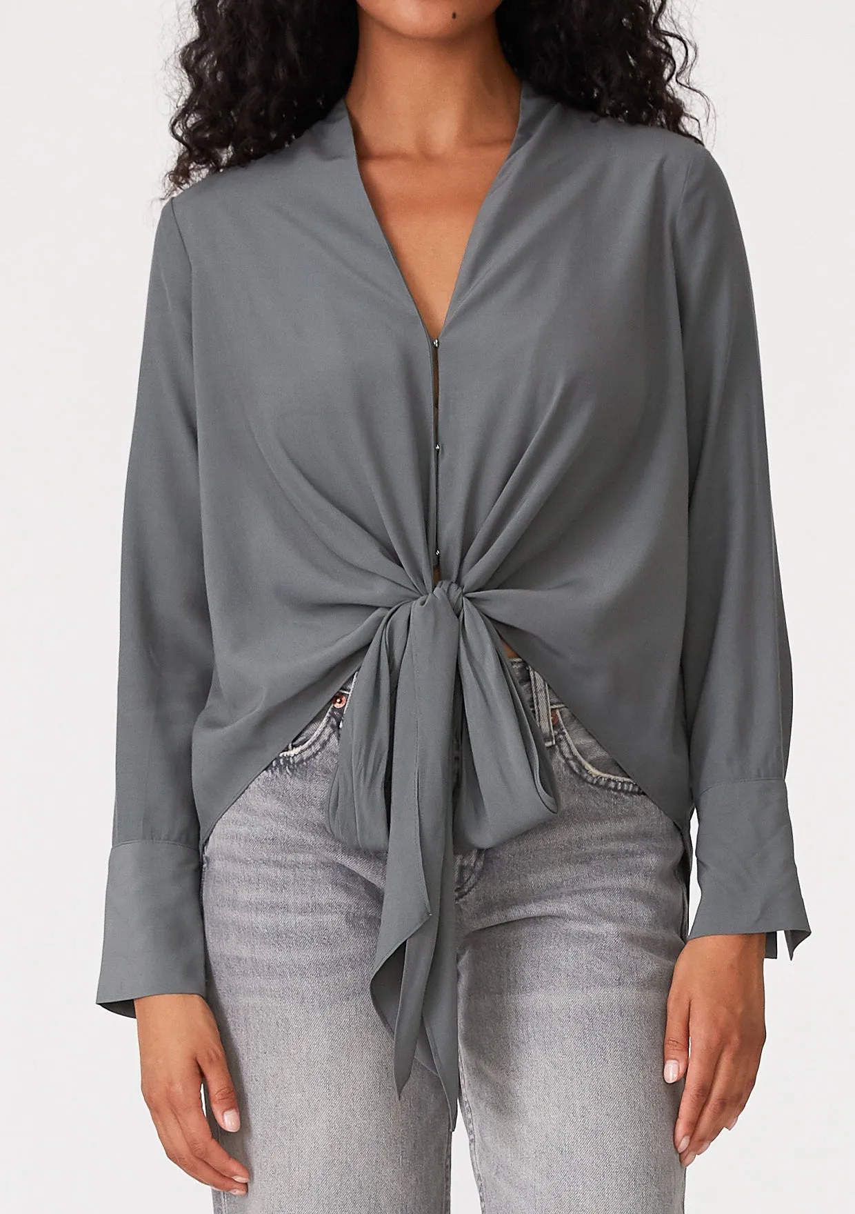 Long Sleeve V-Neck High Low Tie Front Blouse