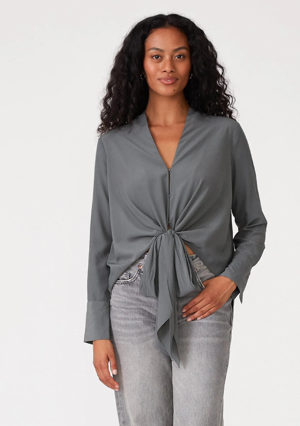 Long Sleeve V-Neck High Low Tie Front Blouse