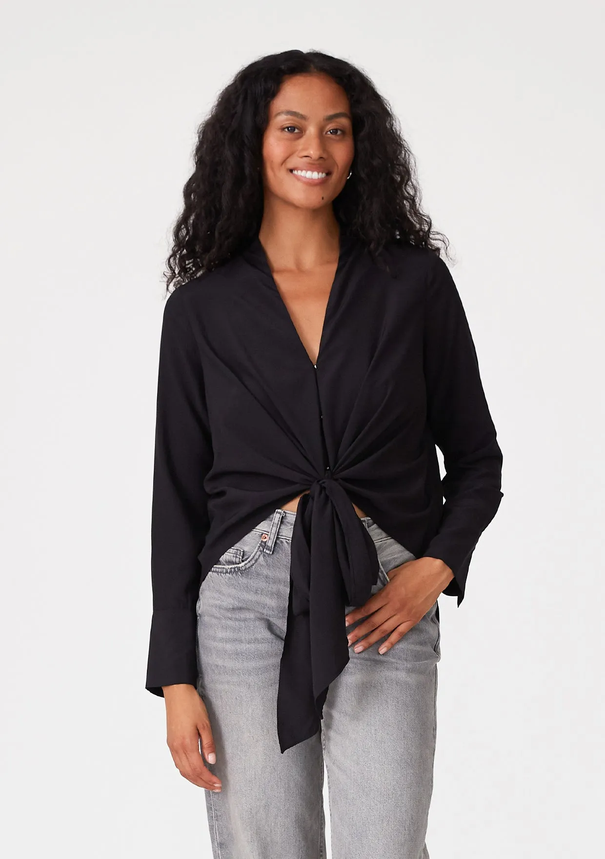 Long Sleeve V-Neck High Low Tie Front Blouse