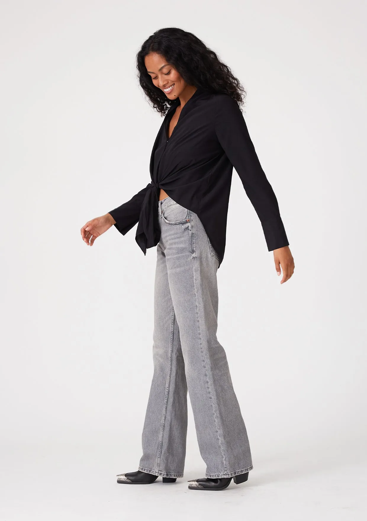 Long Sleeve V-Neck High Low Tie Front Blouse