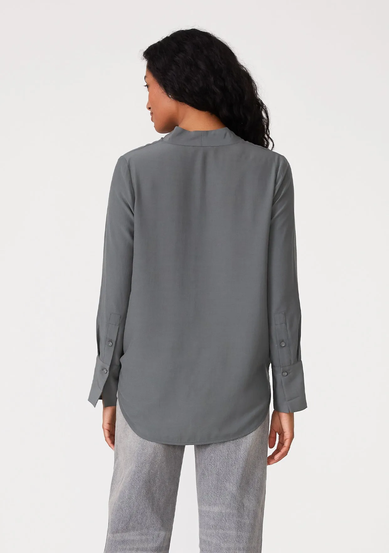 Long Sleeve V-Neck High Low Tie Front Blouse