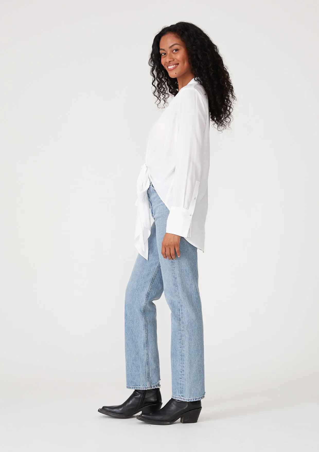 Long Sleeve V-Neck High Low Tie Front Blouse