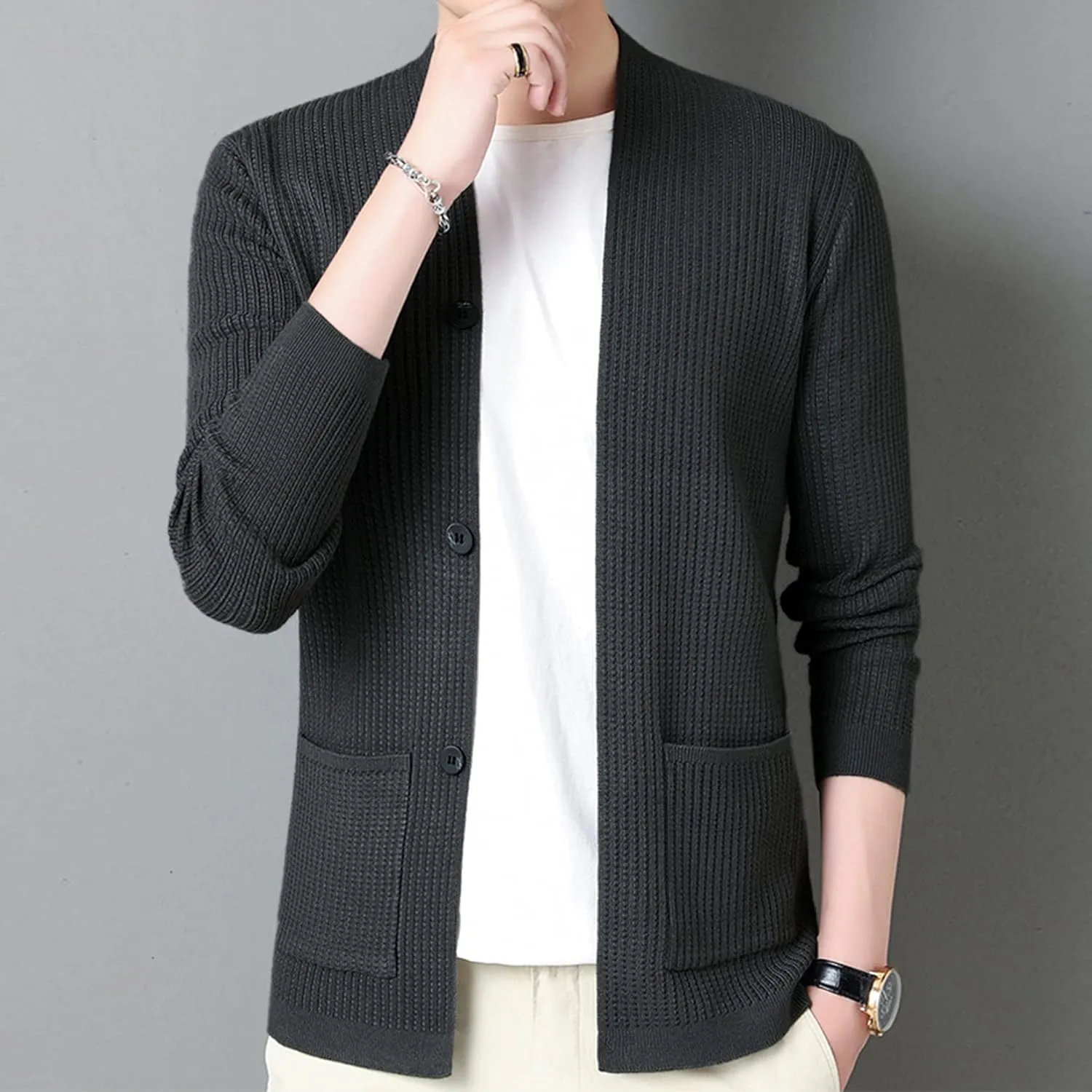 Lu's Chic Men's Long Sleeve Cardigan V Neck Sweater Knit Cardigans Winter Coat Button Down Warm